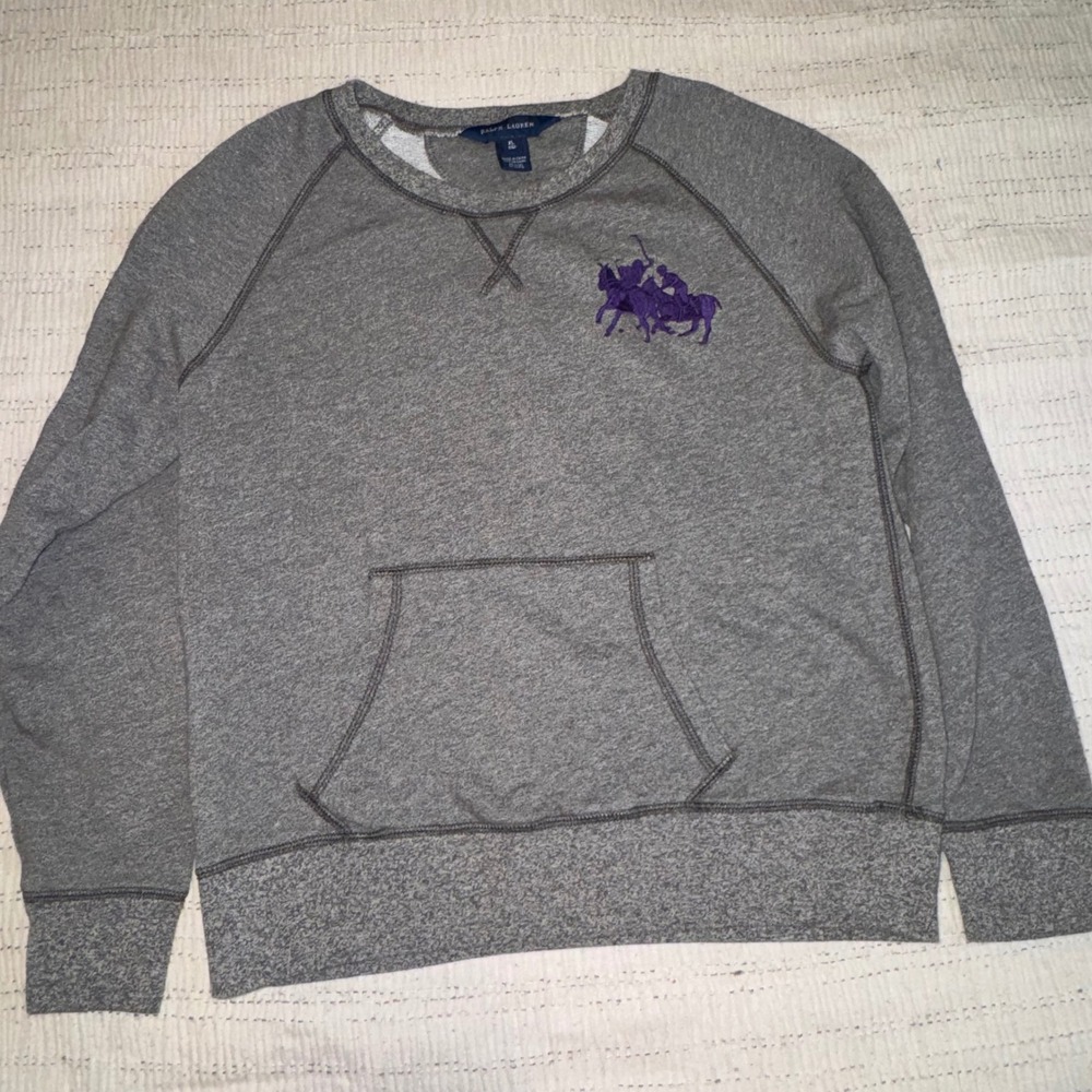 Ralph Lauren Boys XL 16 Gray Big Pony Sweatshirt Purple Logo Number‎ 3 Pullover